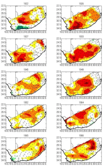 Figure 4 : Extension spatiale du SPI 6 mois fin avril lors des10 années les plus sèches en Afrique du Sud 