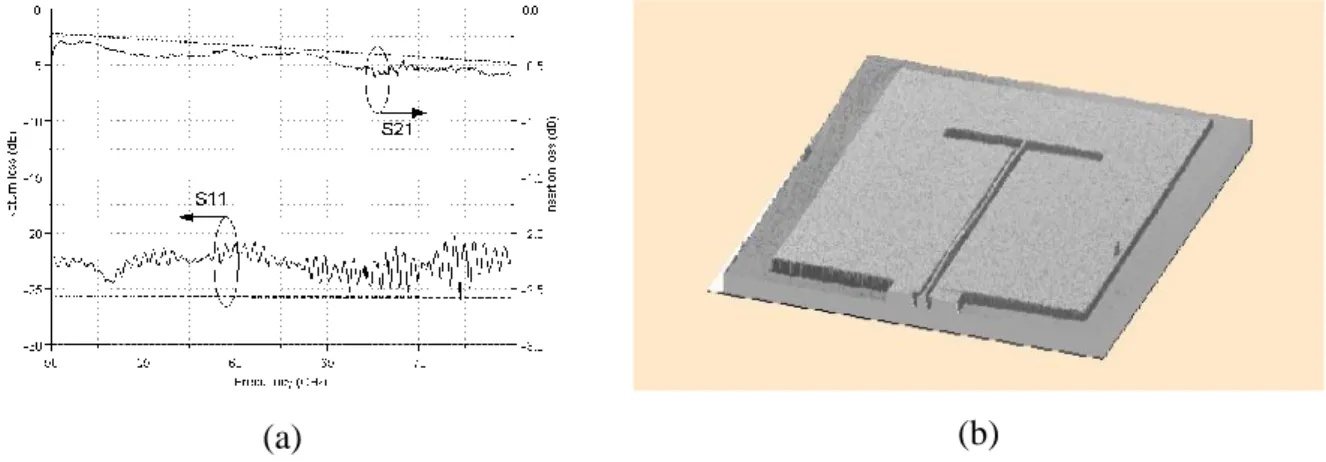Fig. 4 (a) S11 and S21 for the shunt MEMS switch, (b) 3D scanning using confocal optical sensor of rectangular slot  antenna 