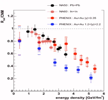 Figure 8 : probabilité de survie du J/   au SPS et à RHIC (PHENIX) en fonction de la  densité d'énergie