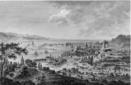 Fig. 1 : Vue prise à vol d’oiseau de la ville et du port de Messine avec une partie du canal et les côtes de la Calabre (t