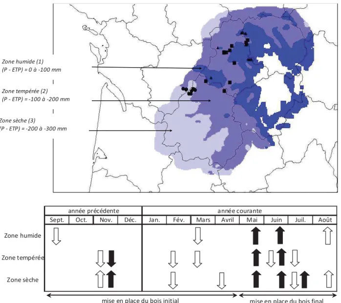 Figure  12.  Localisation  géographique  des  36  peuplements  échantillonnés  (146  arbres)  dans  les  trois zones climatiques (somme des (P - ETP Turc) de mars à septembre ; moyenne 1961-1990 ;  données  spatialisées  de  Météo-France  (AURHELY)  et  du