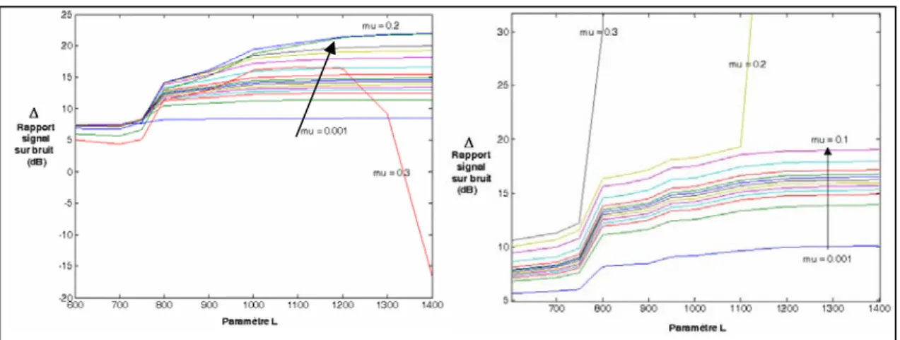 Figure 28. Augmentation du rapport signal sur bruit en fonction des paramètres μ et L, pour l’algorithme  BLMS, dans le bruit blanc (à gauche) et le bruit de conversations (à droite)