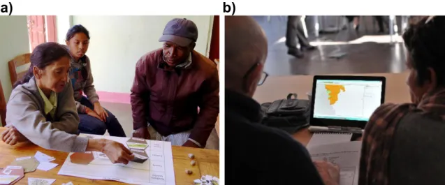 Figure 2.5 – Deux sessions de jeux sérieux, deux objectifs, deux technologies : a) session de jeu visant à recueillir des informations