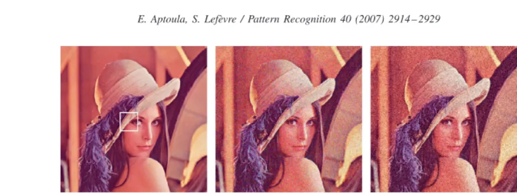 Fig. 4. From left to right: the original image “Lenna”, corrupted with uncorrelated Gaussian noise (  = 32,  = 0.0) and corrupted with correlated Gaussian noise (  = 32,  = 0.9)