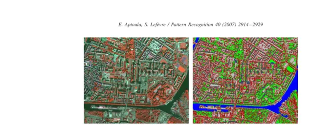 Fig. 7. The original multispectral image of Strasbourg, France in false colours (left), and the classification result using the bit mixing ordering based DMP features (right).