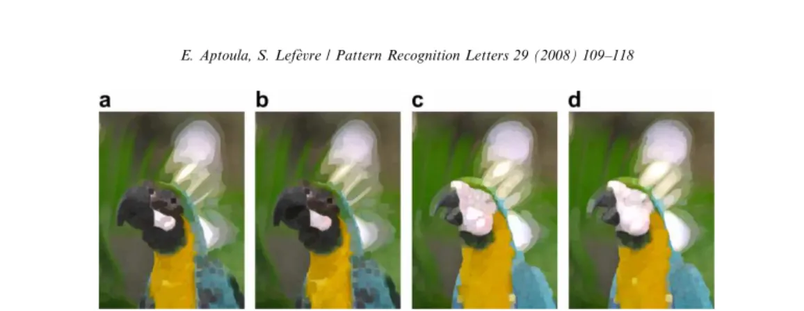 Fig. 7. The erosion and dilation results of a part of the macaws image (Fig. 10a) with a square shaped SE of size 9 · 9 pixels, using a-modulus lexicographical ordering 5 (a, b) and the proposed quantisation based lexicographical ordering 8 along with the 