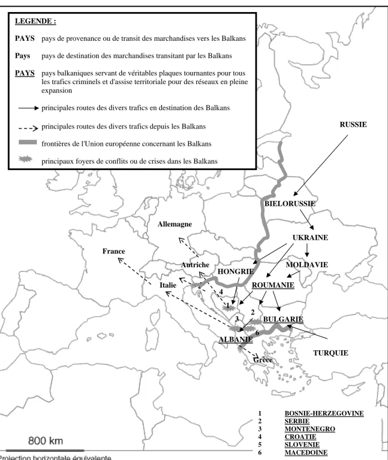 Figure n°2 : Routes principales des différents trafics dans les Balkans :  une plaque tournante pour les marchandises à destination de l'Europe de l'ouest 
