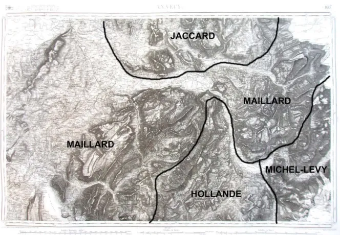 Figure  3.  Attribution  des  différents  secteurs  de  la  feuille  Annecy  à  1/80  000  aux  géologues chargés  des  premiers  levers  de  cette  coupure