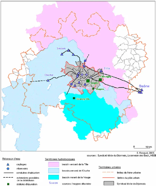 Figure 6 :Réseaux d’eau, bassins-versants et développement urbain de  l’agglomération dijonnaise 