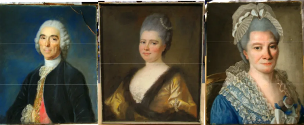 Figure 1 : anonyme français, XVIII ème  siècle, Portraits de M. et Mme Mac Day de Givry (E1330 - 62x53cm et  E1331 – 66x55 cm ; a et b) et Joseph de Saint Michel, 1771, Portrait de Mme Jean Ferrière (D2007-1-3 -  44x34cm² ; c)