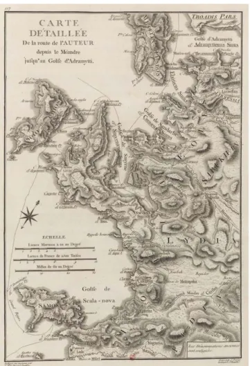 Figure 1. Carte des côtes d'Ionie et d'Éolide réalisée par le comte de Choiseul-Gouffier  (Choiseul-Gouffier 1782, pl