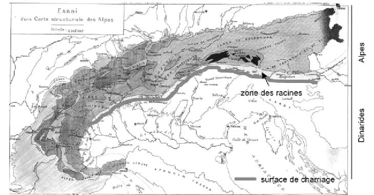 Figure 11. Structure de la chaîne alpine et localisation de la zone des racines des nappes alpines selon Pierre Termier (modifié d’après Termier, 1903, pl