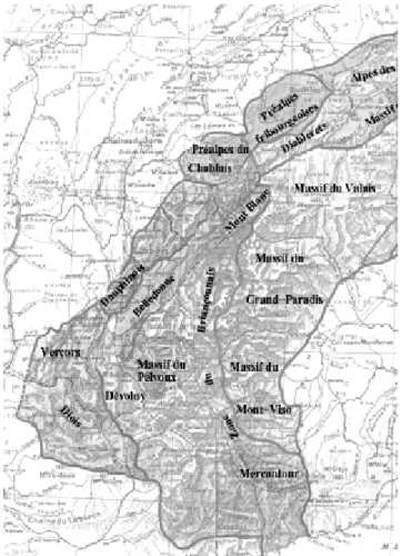 Figure 2. Les principales régions géographiques des Alpes  (modifié d’après Haug, 1894, pl