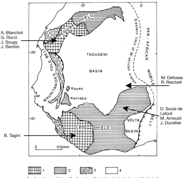 Fig. 2.  Domaines  d’activités  des  géologues  français  sur  le  craton  ouest-africain  (le fond  de  carte est  extrait  de  R