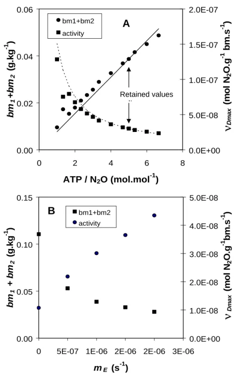 Figure 2: effect of the chosen energy yield for N 2 O production and energy required for  microbial maintenance on estimations of denitrifier biomass bm and maximum specific 