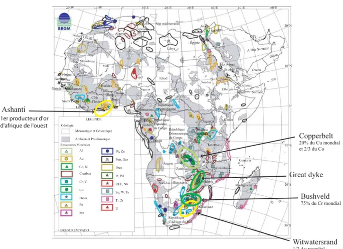 Fig. 4.3 – R´ epartition de richesses mini` eres en Afrique ; principales provinces et gise- gise-ments majeurs, d’apr` es (Milesi et al., 2001).