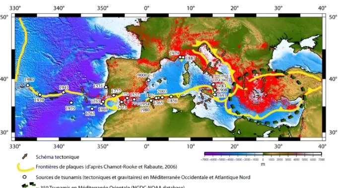 Figure 6 : Localisation des sources de tsunamis significatifs connus en Méditerranée et au large de la  péninsule ibérique (Roger et al., soumis).