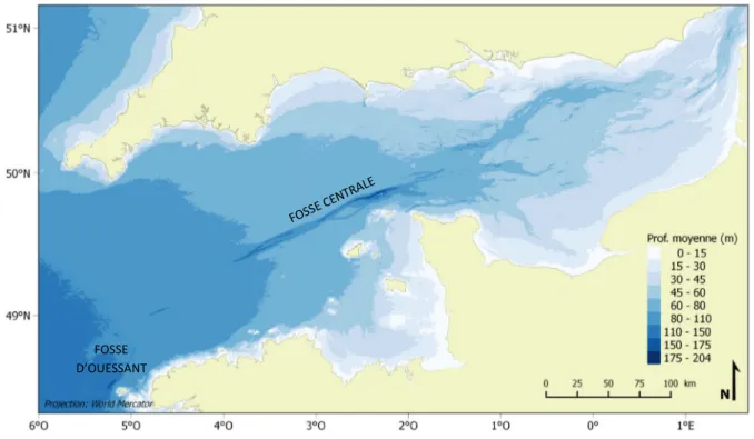 Figure 8.  Carte topographique générale de la Manche pour un niveau moyen d’eau, établie à partir  d’un Modèle Numérique de Terrain bathymétrique de la façade Atlantique (SHOM, 2015)