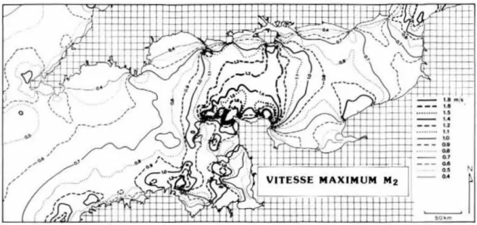 Figure 10. Vitesses maximales des courants de marée en Manche. D’après Salomon &amp; Breton (1991)