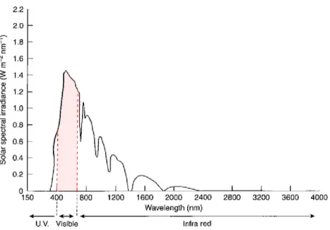 Fig.  1.1 Radiations  solaires  atteignant  le  niveau  de  la  mer  en  fonction  de  leur  longueur  d’onde