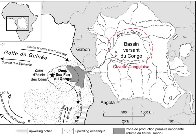 Figure  3-1.    Localisation  du  bassin  versant  et  de  l’éventail  sous-marin  (deep-sea  fan)  du  fleuve Congo