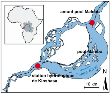 Figure  3-5.  Carte  du  pool  Malebo  indiquant  la  position  des  stations  d’échantillonnage  du  fleuve citées dans le Tableau 3-2