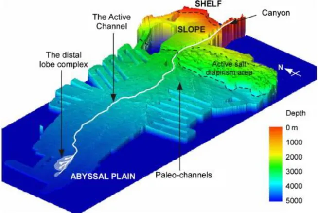 Figure  3-8.  Structure  générale  du  système  turbiditique  du  Congo  et  localisation  des  lobes  sous-marins (Savoye et al., 2009)