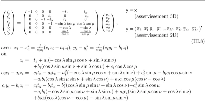 Table III.1 – Mod` ele d’´ etat en boucle ouverte.     t ˙ xt˙yt˙z λ˙ ˙ µ ˙ν  =  −1 0 0 0 −t z t y0−1 0tz0−t x00−1−tytx0