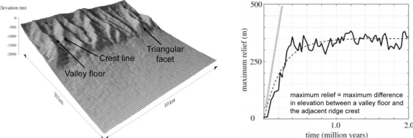 Figure I.6. Etat stationnaire de la topographie atteint dans une simulation numérique d’évolution du  relief avec une vitesse de faille normale et une pluviométrie constantes (modifié d’après Ellis et al.,  1999)