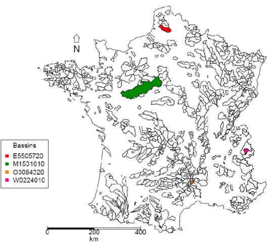 Figure  2.17 :  Localisation  des  quatre  bassins  versants  choisis  pour  illustrer  l’échantillon  de  référence