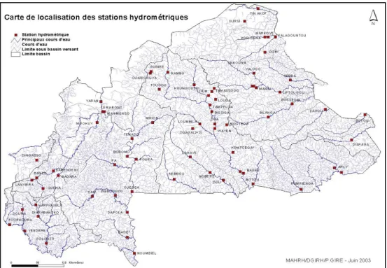 Figure II-2 : Carte du réseau hydrographique et de localisation des stations  hydrométriques du  Burkina Faso (source DGRE Burkina Faso)