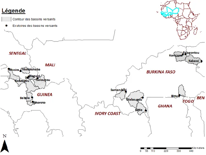 Figure II-4 : Localisation des stations hydrométriques sélectionnées et bassins versants correspondants