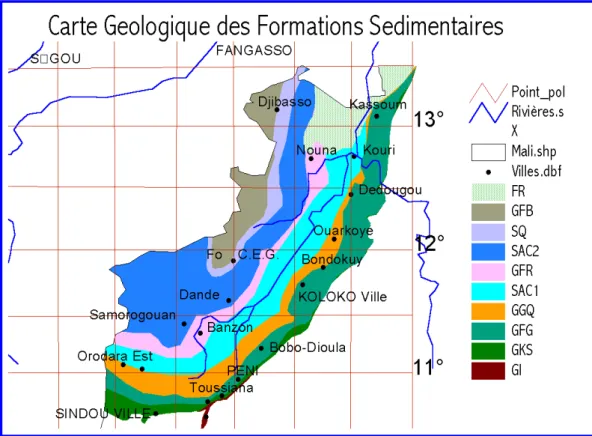 Figure  10:  Carte  géologique  de  la  zone  sédimentaire  du  S-W  du  Burkina  Faso  (source :  Carte  géologique  de  la  république de Haute Volta, G
