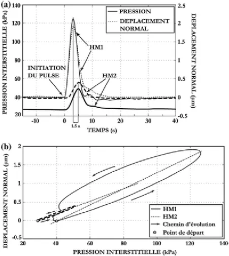 Fig. 4  a, b Résultats d’un pulse test imposé en HM1 avec mesures simultanées   de la pression interstitielle et du déplacement normal en HM1 et en HM2 