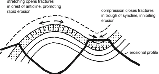 Fig. 2. « Coupe  schématique  destinée  à montrer  pourquoi  les  crêtes  tendent  à  se  développer  au niveau  des  géosynclinaux,  tandis  que  les  vallées  se  creusent  dans  les  anticlinaux »