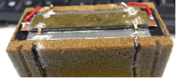 Figure 6: Sonde prototype constituée d'une double couche  inversée  de  PVDF.  Surface  de  réception  de  10 mm × 40 mm 