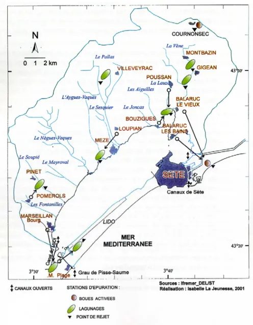 Figure 4 : d’après La Jeunesse (2001): Localisation des stations d’épuration sur le bassin versant de l’étang  de Thau