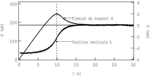 Fig. 1.5 – Flexion d de la lame et altitude h du patin en fonction du temps t.