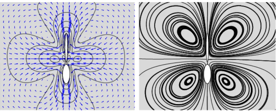 Figure 1.3 represents the fluid flow and the streamlines near an isolated pusher-like swim- swim-mer