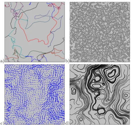Figure 1.4 – Dense suspension of 1024 microswimmers (solid fraction : 28.9%) : a) trajectories of ten bacteria over 200 time steps