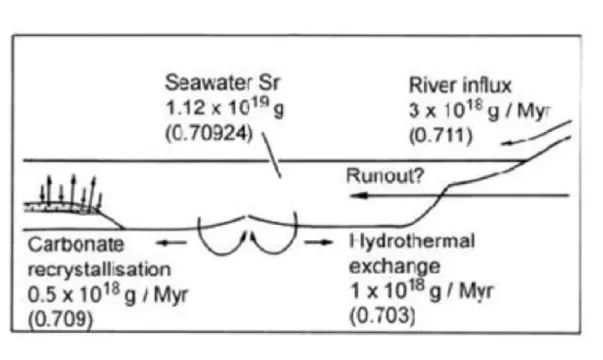 Figure 1.4 – A simplified cartoon circulation model of the &#34;well&#34;-constrained fluxes of Sr to the oceans from DePaolo and Ingram (1985).