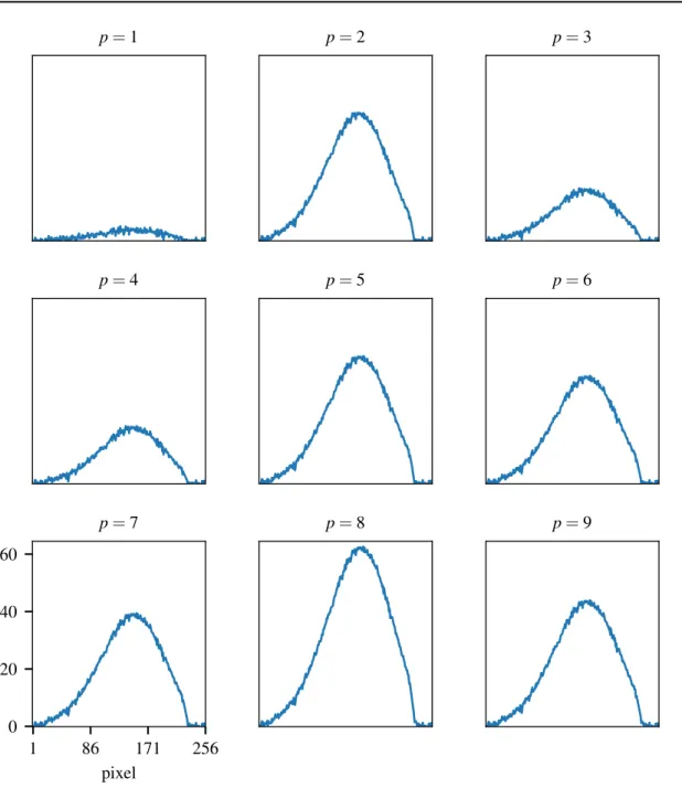 Figure 4.9: Illustration of the spatial distribution of multispectral data by displaying a slice from the central row of images in Figure 4.8.