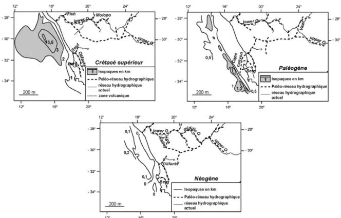 Figure I.2.11 – Paléogéographies du réseau fluviatile du fleuve Orange, et de ses apports sédimentaires dans  le Bassin Orange, au Crétacé supérieur, Paléogène et Néogène