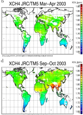 Fig. 4. Column averaged mixing ratios of methane (XCH 4 ) as measured by SCIAMACHY over land using WFM-DOAS v0.41 (left) compared to JRC/TM5 model data (right)