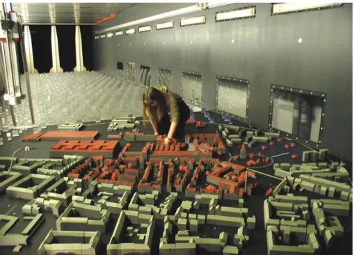 Fig. 6: Physical model of the site in the Boundary Layer Wind Tunnel of Hamburg University   Fig