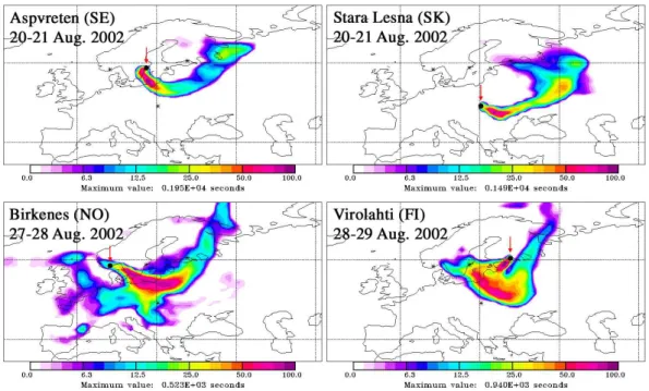 Fig. 5. 20-days backward simulations for the air masses arriving at Aspvreten (SE) between 20 August 2002, 06:00 UTC and 21 August 2002, 06:00 UTC, Stara Lesna (SK) between 20 August 2002, 06:00 UTC and 21 August 2002, 06:00 UTC, Birkenes (NO) between 27 A