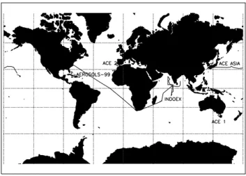 Fig. 1. Observations of marine aerosol used for comparison with model results. Ship cruises are indicated by lines and include Aerosols99 across the Atlantic in January 1999 (Bates et al., 2001), INDOEX in the Indian Ocean during March 1999 (Ramanathan et 