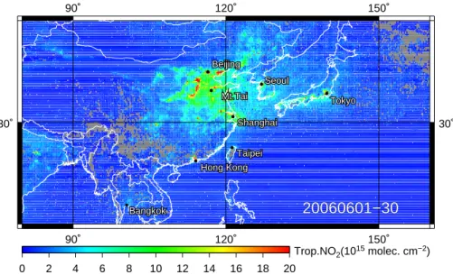 Fig. 1. Monthly mean tropospheric NO 2 columns measured by OMI in June 2006. Data with a cloud fraction less than 0.1 were plotted on a 0.25 ◦ (in latitude) × 0.25 ◦ (in longitude) grid