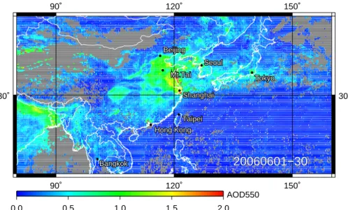 Fig. 2. Same as Fig. 1, but for AOD at 550 nm measured by MODIS instruments. The MODIS data with a cloud fraction less than 0.1 were used