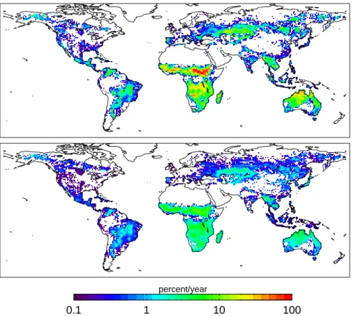 Fig. 11. 2001–2004 mean annual burned area derived from Terra MODIS active fire obser- obser-vations (top), and accompanying one-sigma uncertainties (bottom), expressed as the fraction of each grid cell that burns each year